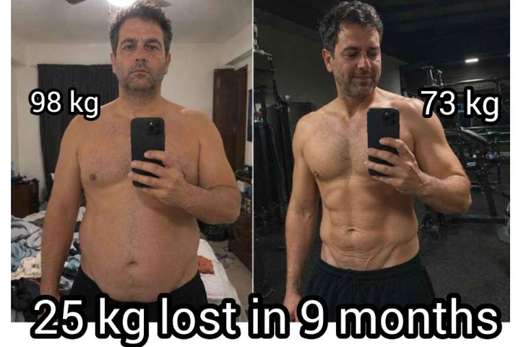 Client before and after, 98 kg to 73 kg